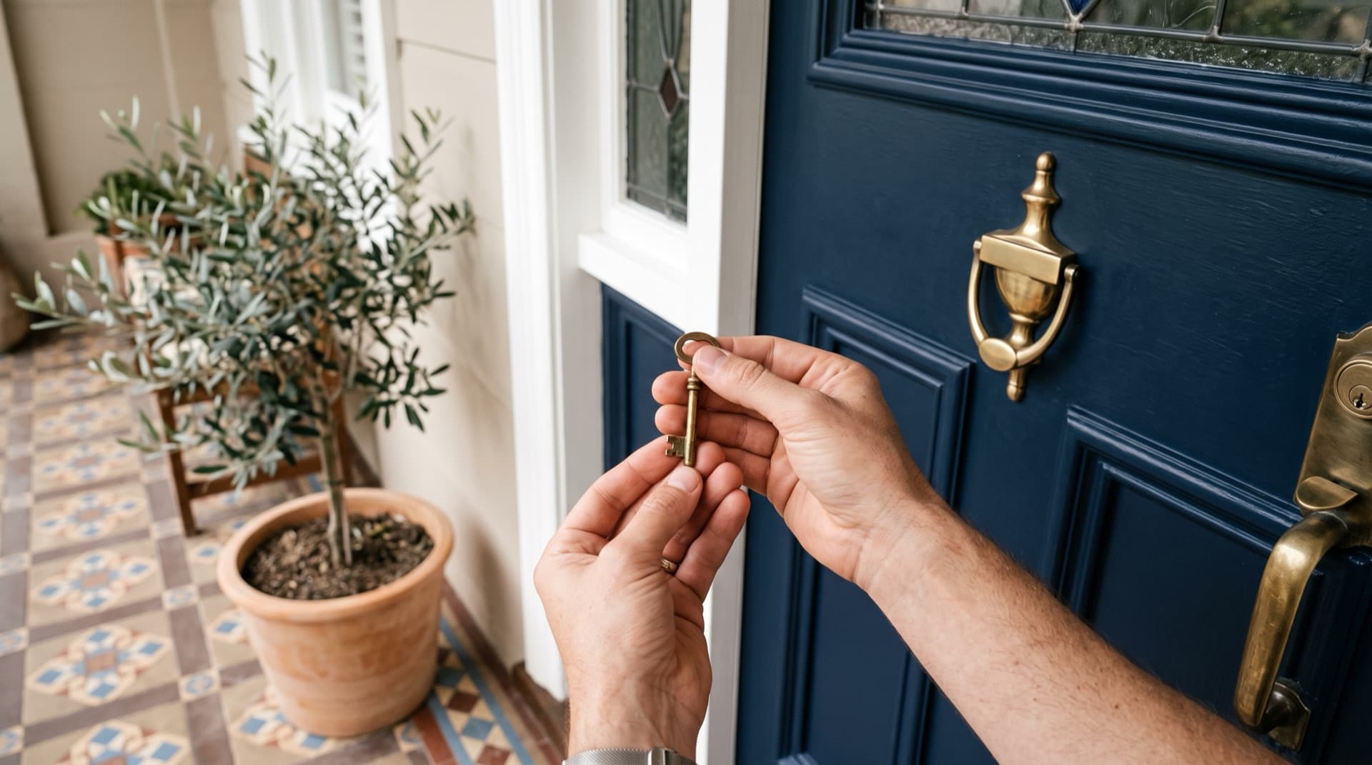 Hands holding a brass key in front of the navy front door of a Federation-style cottage