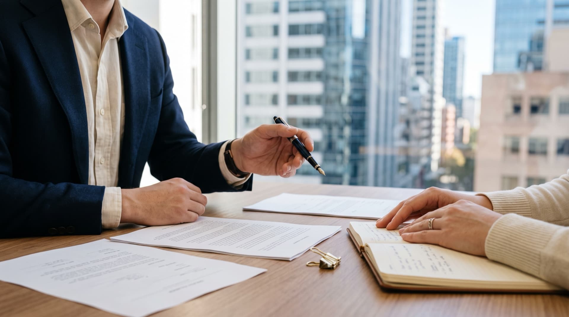 A conveyancer going through documents with a client across a desk in a Sydney city office