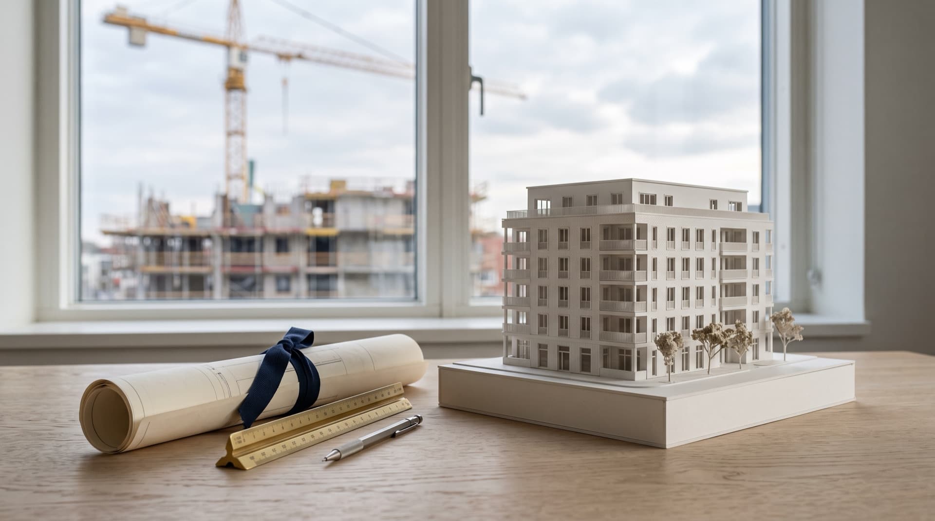An architectural model of an apartment building beside rolled plans, with a construction crane outside the window