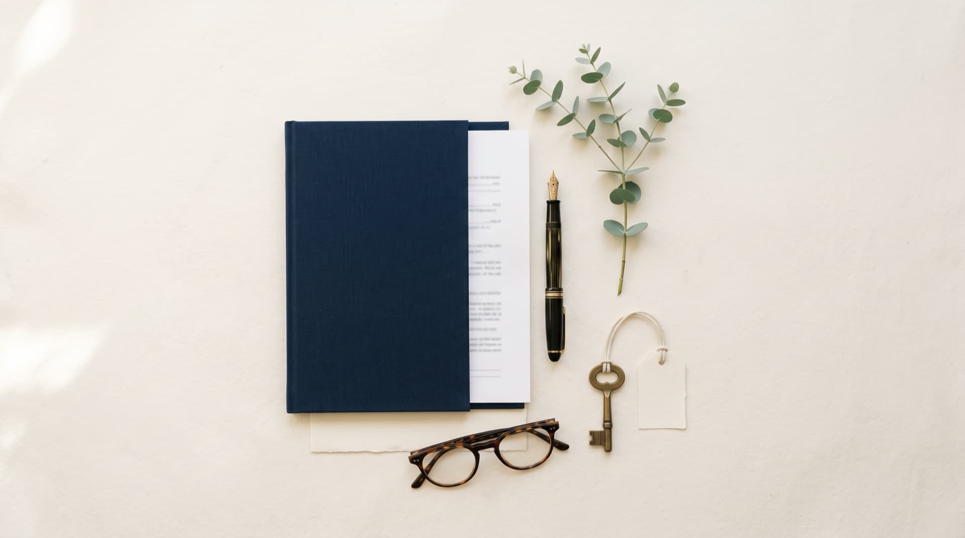 A contract of sale, fountain pen, reading glasses and a house key laid out on a desk