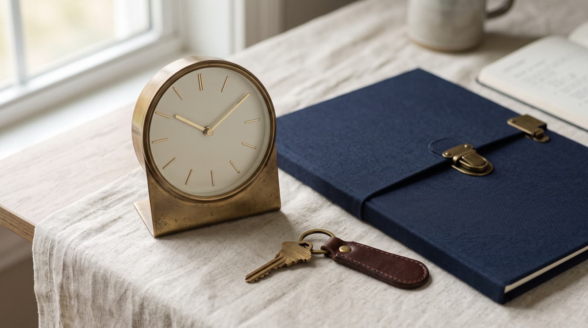 A brass desk clock beside a navy document folder and a house key on a leather fob